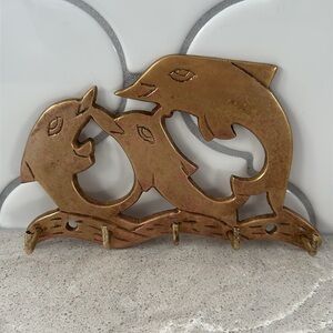 Vintage brass dolphin wall hanger key hook coastal nautical decor five hooks